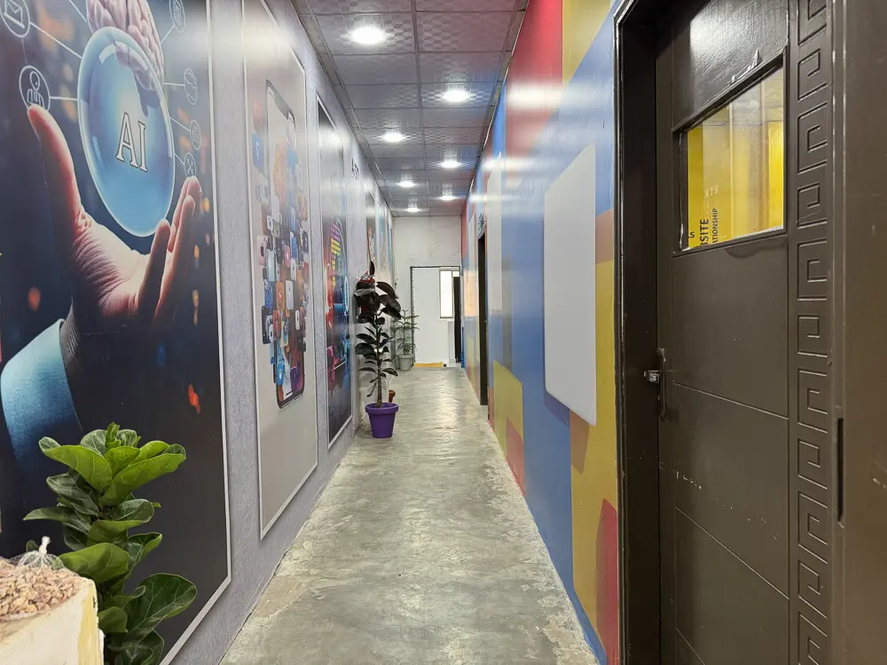 AI and technology posters in AISD hallway