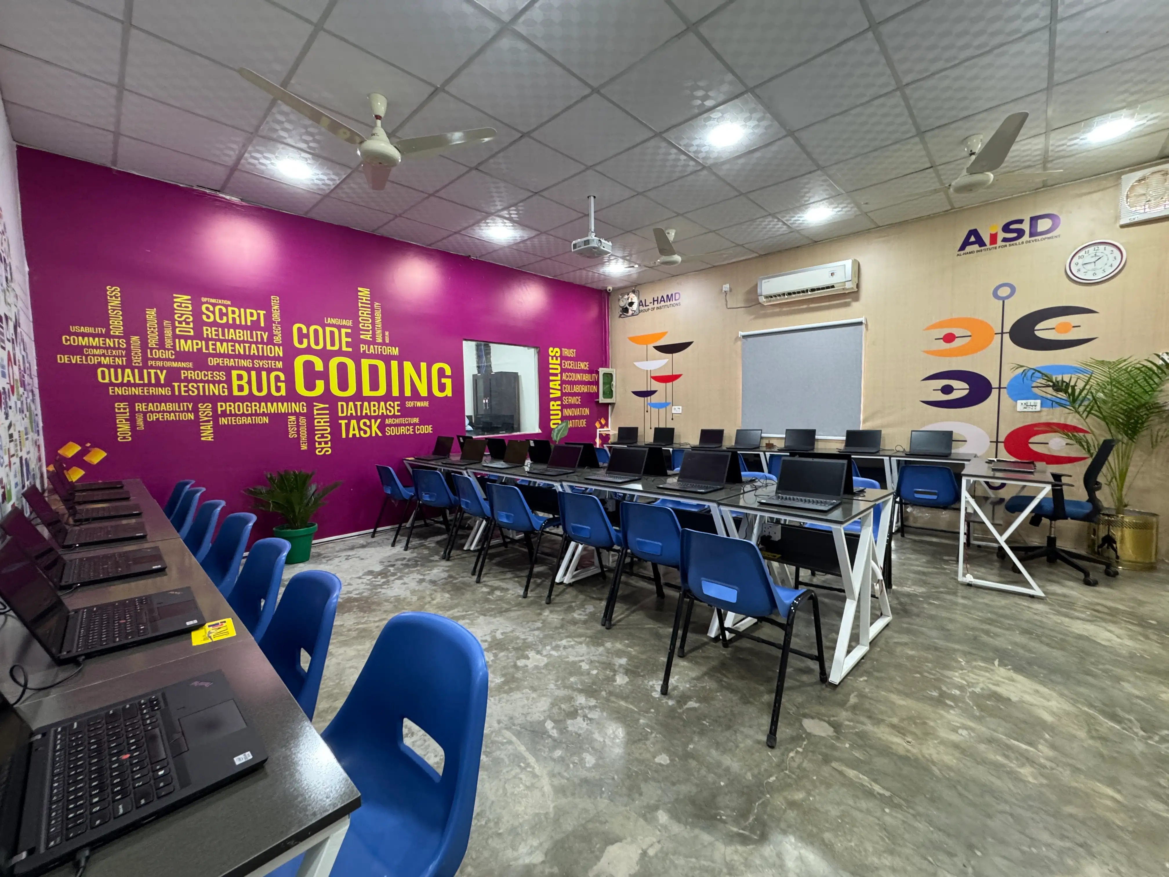 Corporate IT training hall with workstations