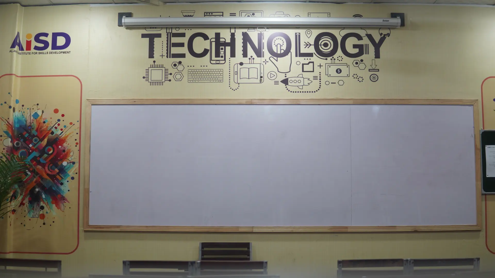 Technology training classroom with whiteboard